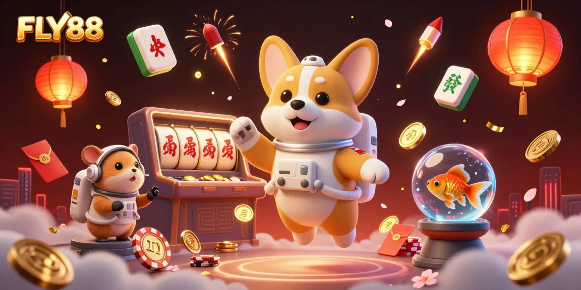 FLY88 captures the excitement of casino gaming with vibrant characters and elements in a space station setting.