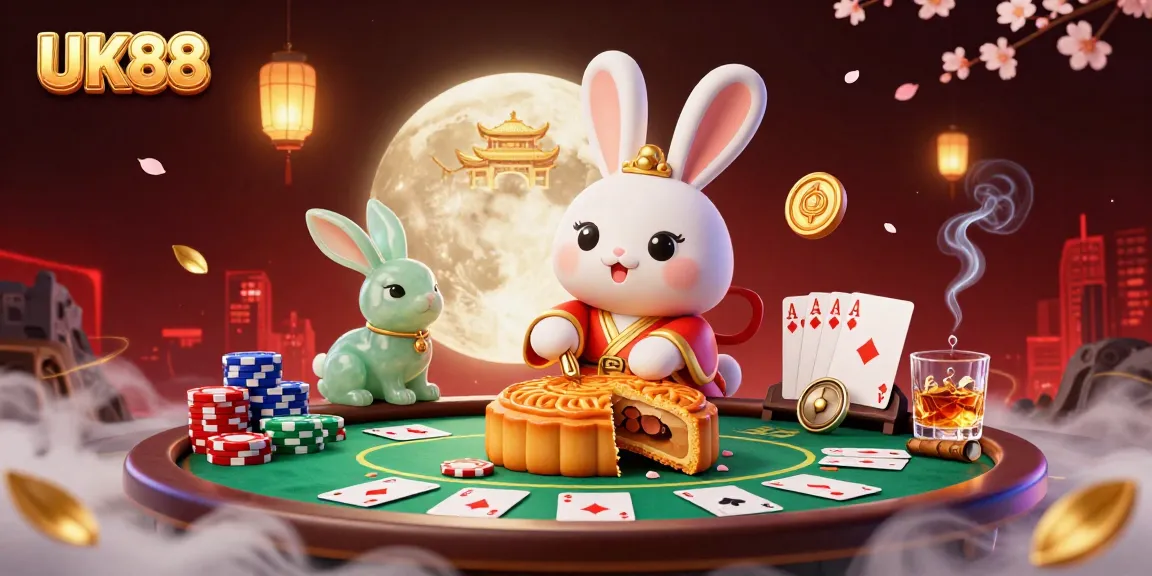 Experience UK88 as the moon rabbit reveals poker chips from mooncakes, surrounded by colorful gaming elements.