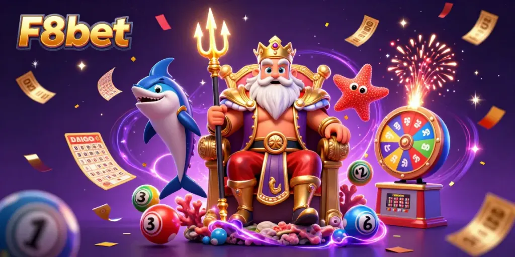 Experience thrilling fun at F8bet with Neptune and colorful lottery elements in a vibrant casino scene.