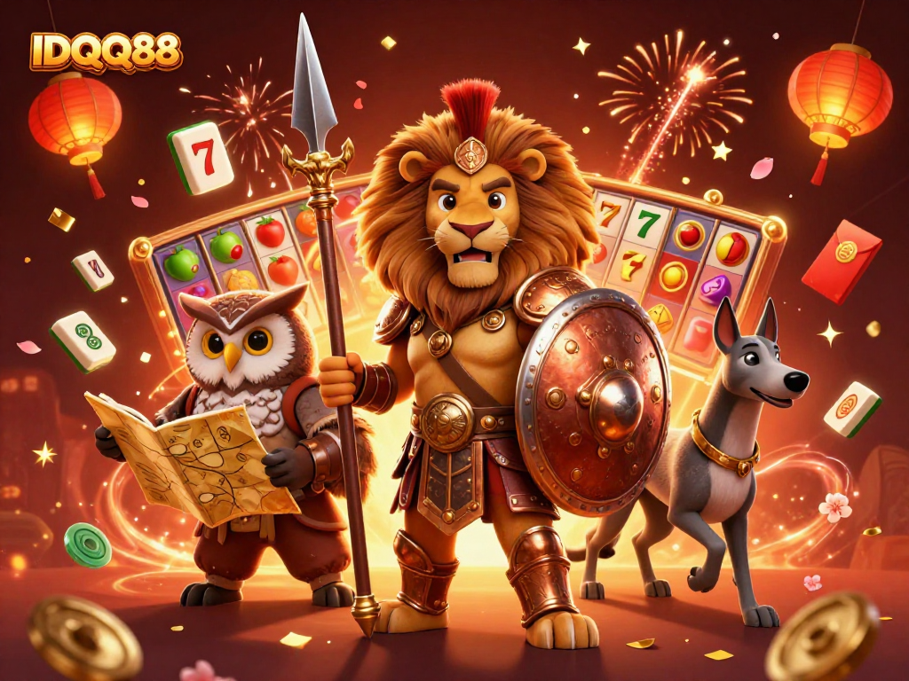 Experience the thrilling world of IDQQ88 with a vibrant illustration of a Spartan lion, owl strategist, and greyhound amidst slot reels and celebratory elements.