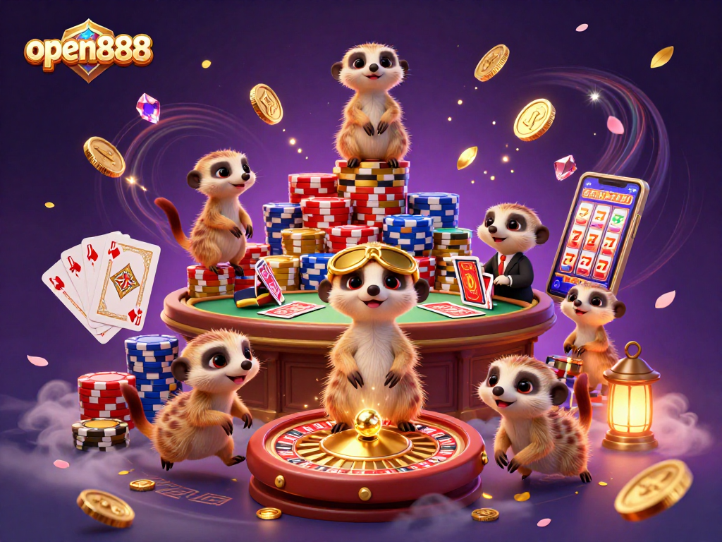 Experience the excitement at open888 with a cartoon meerkat casino bustling with chips and games.