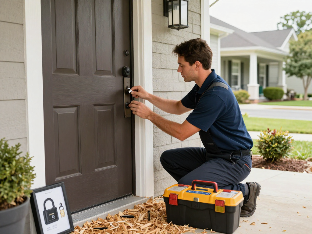 Mobile locksmith Raleigh expertly installing a high-security lock at a residential front door.
