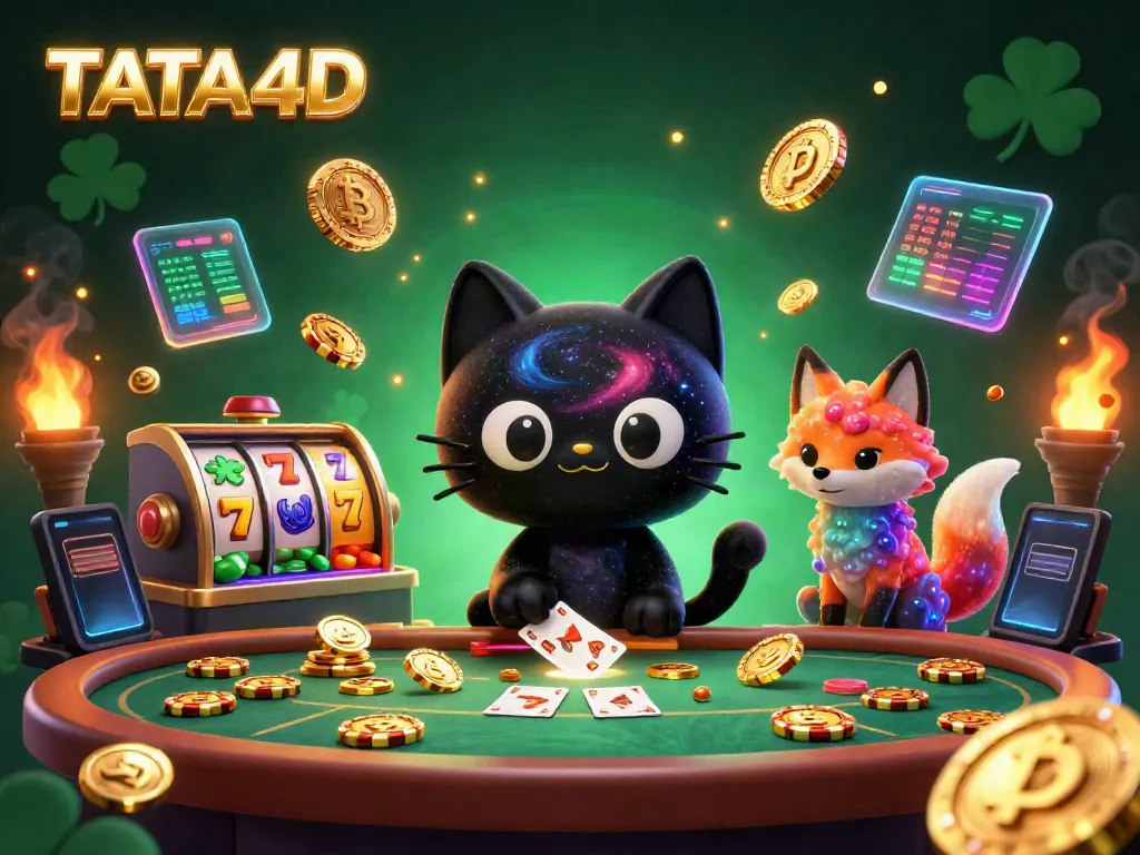 TATA4D's vibrant cosmic casino scene with a black hole cat and colorful fox, showcasing spinning slots and cryptocurrency dynamics.