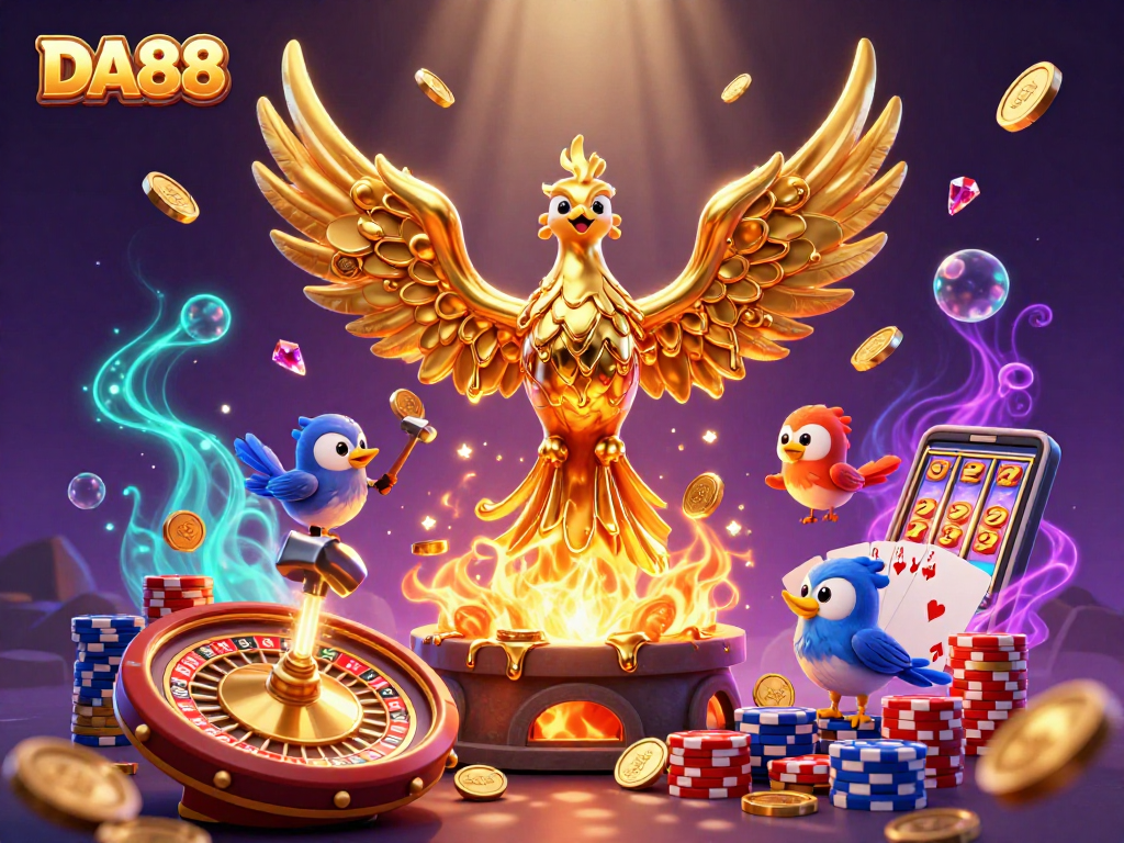 Engage in thrilling gameplay at DA88 with a golden phoenix and dynamic casino elements.