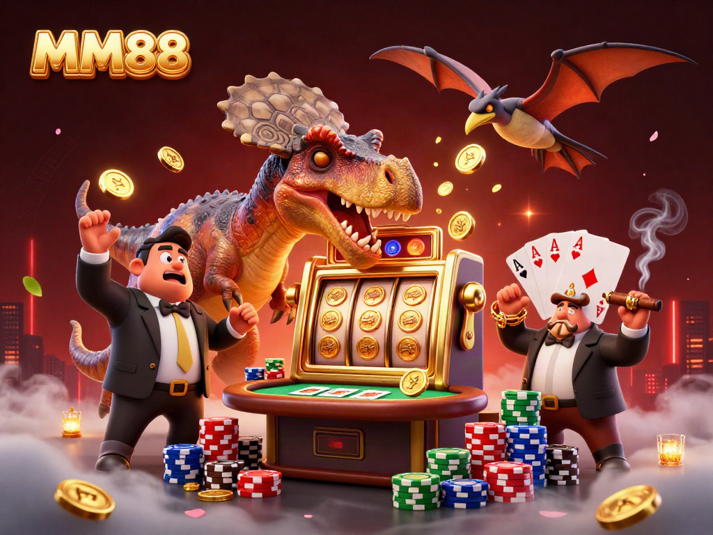 MM88 features a cartoon pachycephalosaurus winning a jackpot from a golden slot machine in a vibrant casino scene.