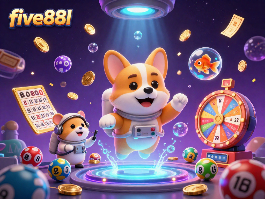 Experience the thrill of five88l as a corgi astronaut floats joyfully amidst drifting poker chips and colorful lottery balls in a vibrant space casino.