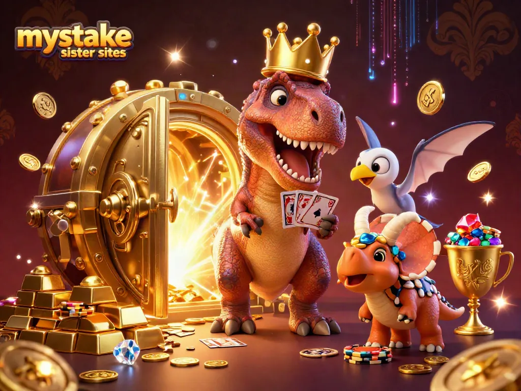 Play at mystake sister sites with a T-Rex shuffling cards and a triceratops stacking chips.