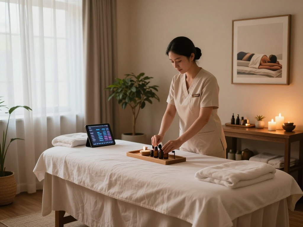 Relaxing spa massage therapy room setting for 안산출장안마.