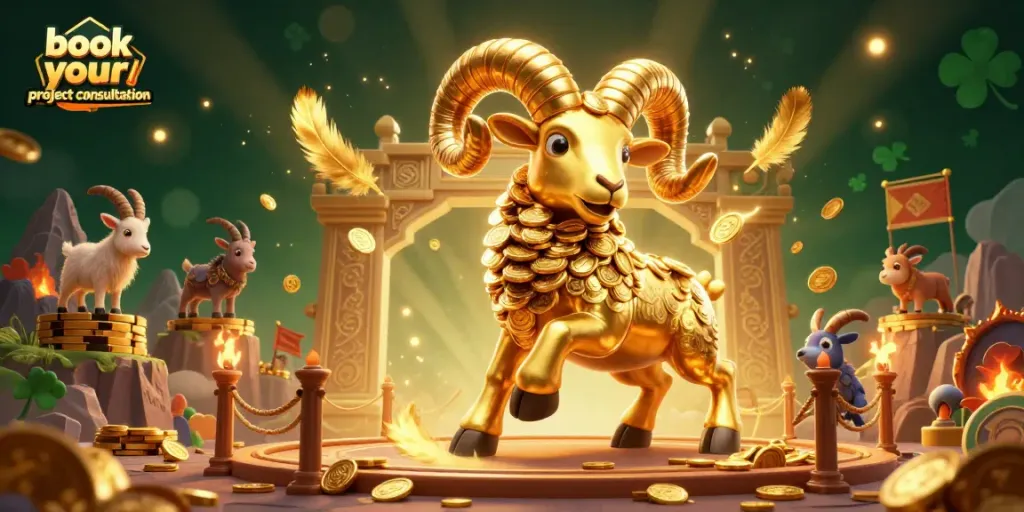 Book your project consultation in an electrifying casino scene with a golden ram and dynamic game elements.