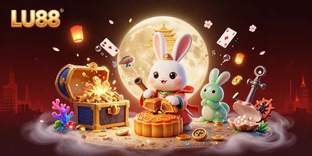LU88 offers exciting chances to win with a vibrant scene of a moon rabbit celebrating with poker chips, set against a mystical background.