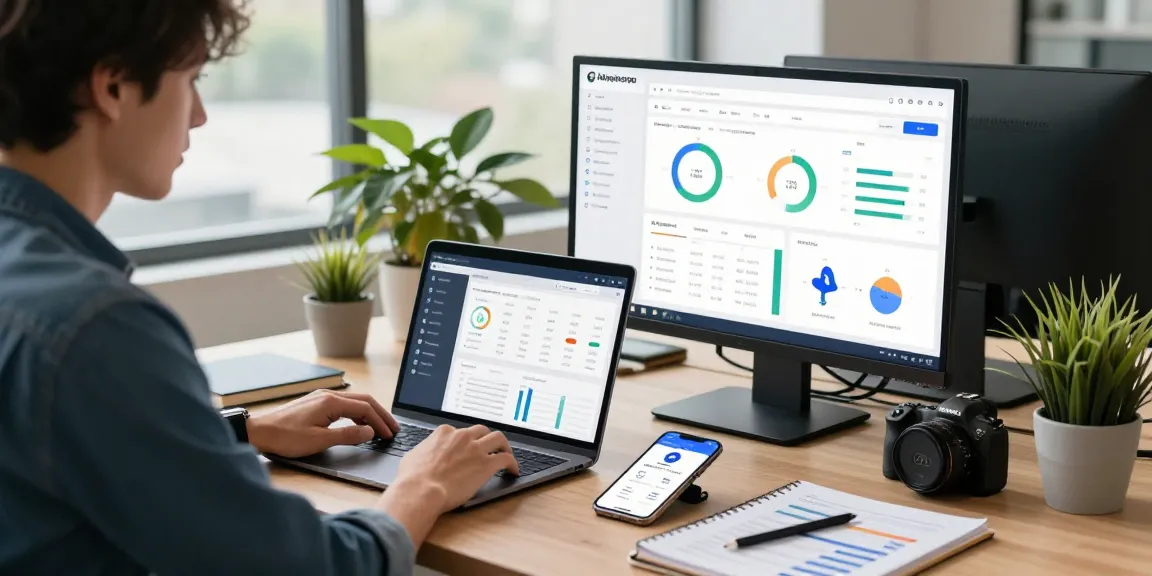 Buy app installs in a professional mobile marketing workspace with analytics and app performance displayed on screens.