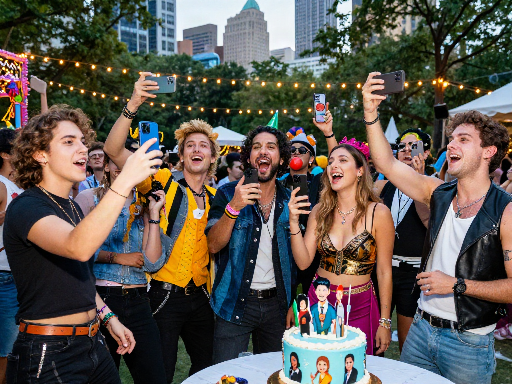 Celebration with friends dressed as celebrities look alike, enjoying a fun gathering.