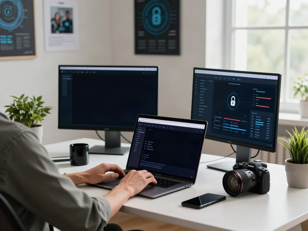 Using the brave浏览器 on a laptop in a modern workspace focusing on digital privacy.