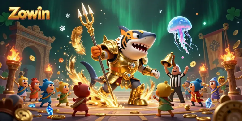 Engage with Zowin in this vibrant underwater casino scene featuring a gladiator shark.