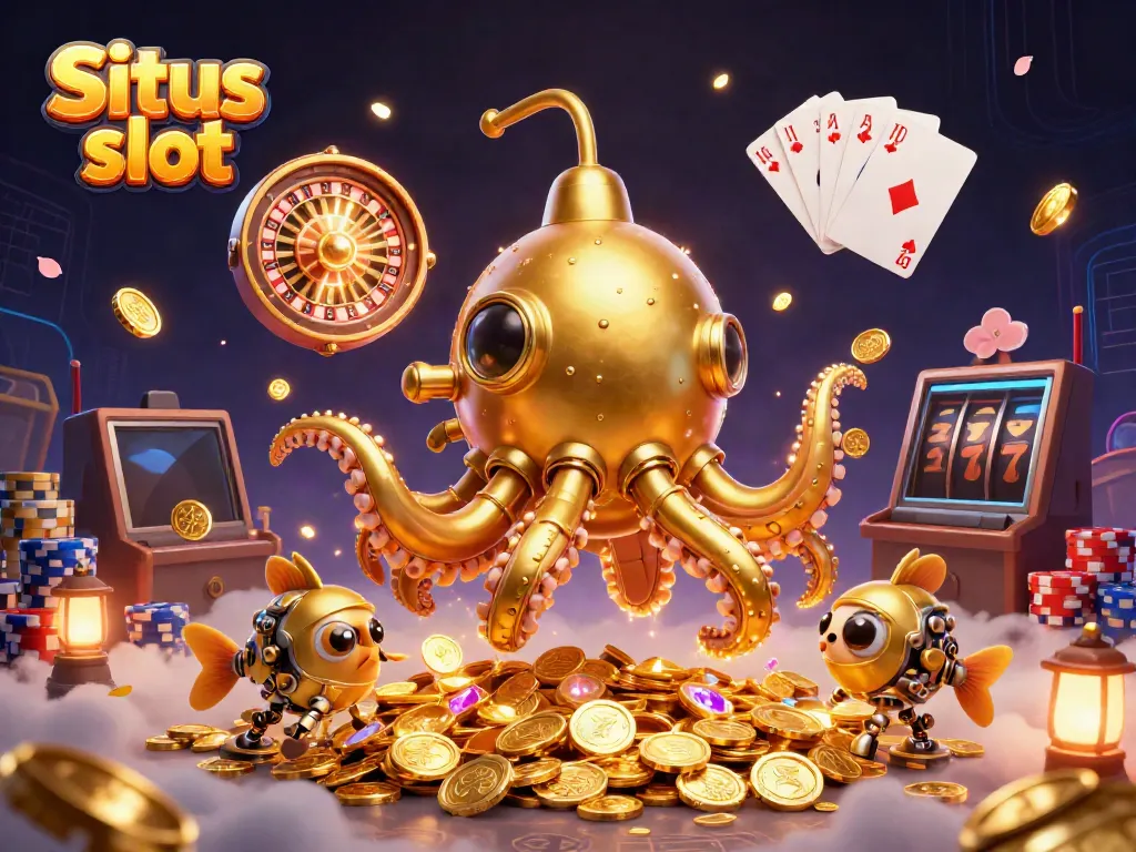 Engage in winning at Situs slot with a dynamic scene featuring a golden kraken submarine among golden coins and slot elements.