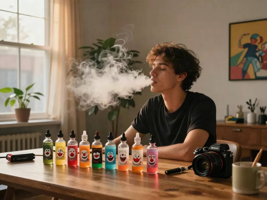 Enjoying clown vape juice in a vibrant urban loft setting with colorful bottles.