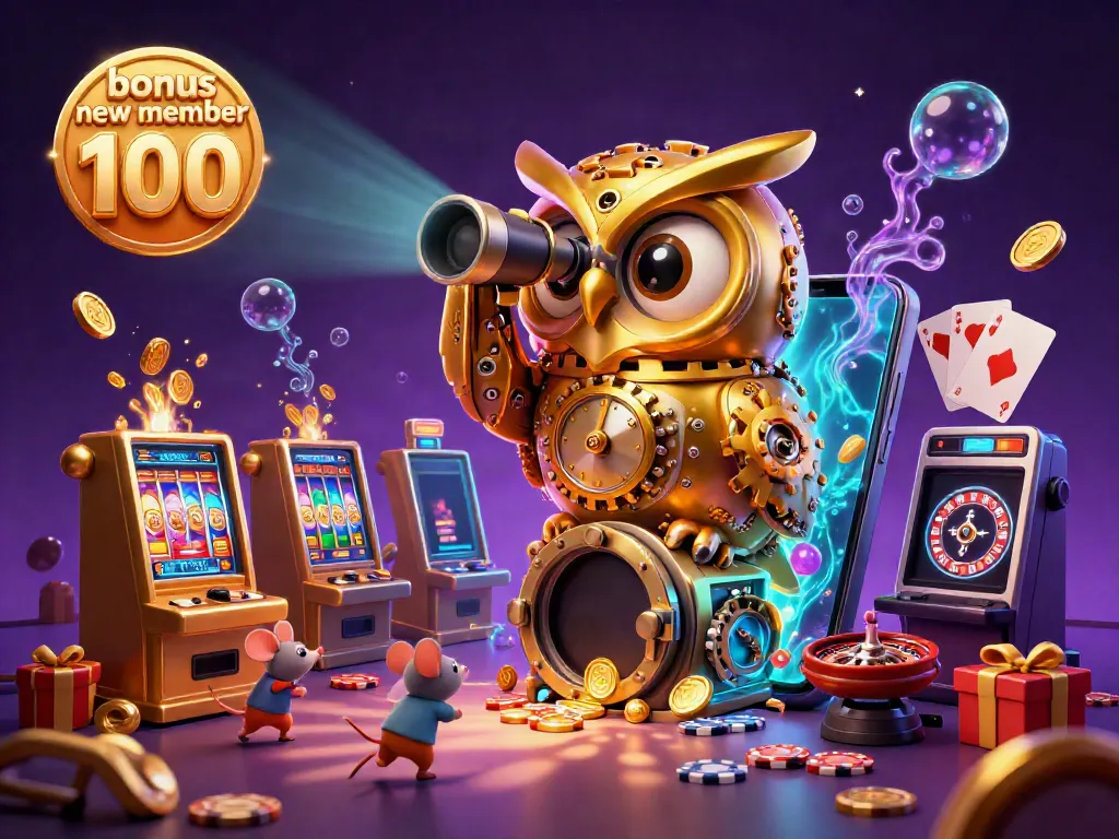 Experience the excitement of bonus new member 100 illustrated with vibrant slot machines and a golden owl.
