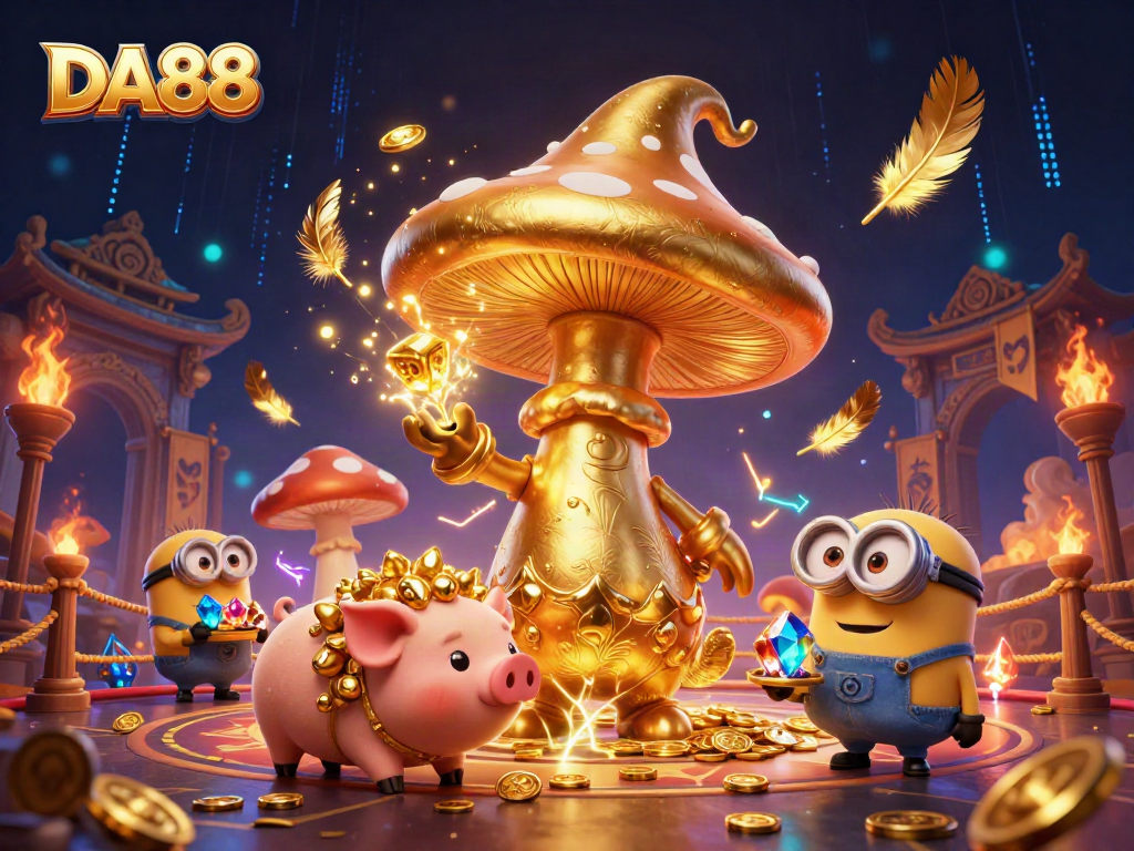 DA88 players enjoy a vibrant casino scene featuring magical golden elements and treasure.