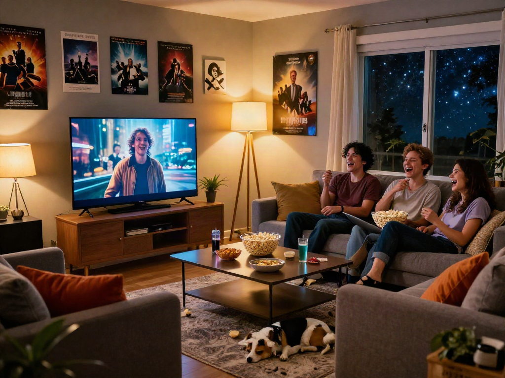 Friends enjoying a movie night with Moviebox movies in a cozy living room.