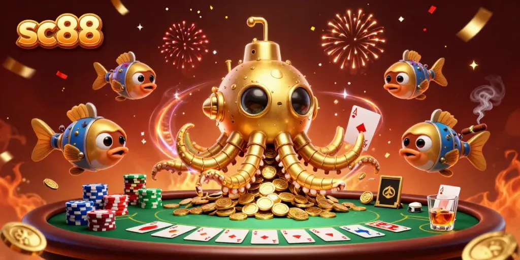 Experience thrilling gameplay with SC88 at a vibrant poker table surrounded by gold coins.