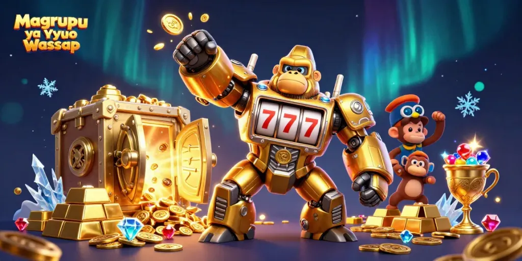 Magrupu ya Vyuo Watsapp showcases a golden gorilla mech combining jackpot features, enhancing excitement.