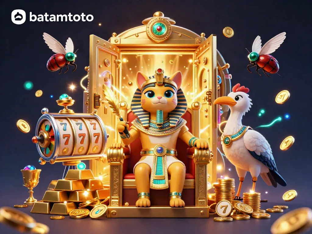 Experience vibrant gaming excitement with batamtoto, featuring a pharaoh cat and treasures in this lively casino scene.