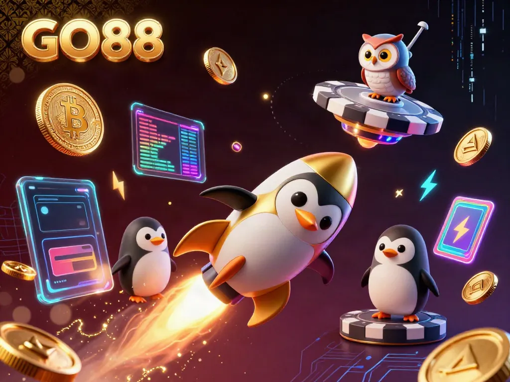 Experience the thrill of GO88 with a golden penguin soaring toward a casino chip in space.