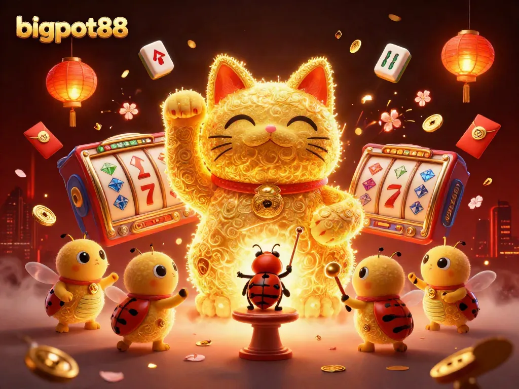 Experience exciting gameplay with bigpot88's vibrant casino world featuring a golden lucky cat and slot symbols.