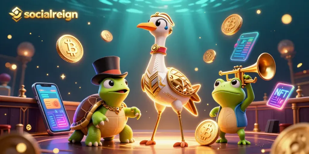 socialreign showcases a lively casino scene with cartoon characters amidst cryptocurrency elements, engaging players