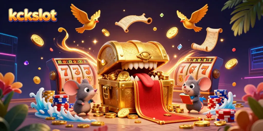 Menyaksikan kckslot saat peti harta karun menyajikan mesin slot dengan beragam simbol keberuntungan dan tumpukan chip poker.
