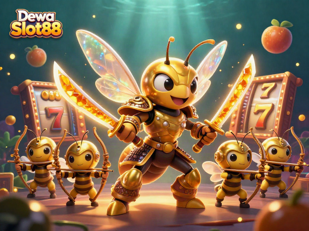 Dewa Slot88 thrills with a vibrant scene of a golden hornet samurai amid spinning slots and jackpot excitement.