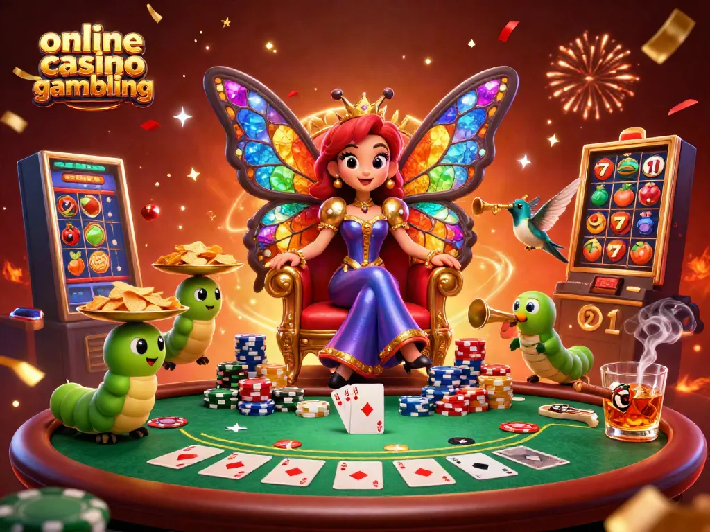 Vibrant scene of online casino gambling with a queen and poker elements celebrating, captivating energies around