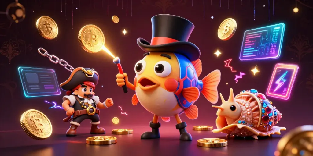 Engage with the vibrant world of s8, where a playful anglerfish attracts golden coins amidst digital currency elements.