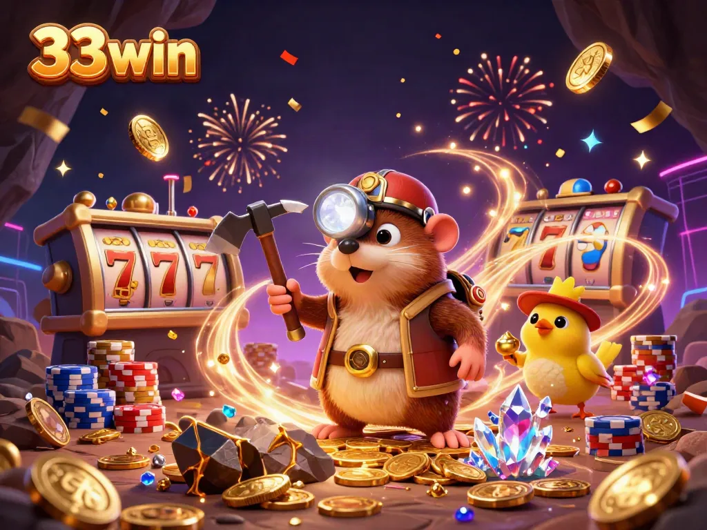 33win casino illustration featuring a cartoon mole and canary mining treasures with golden coins.