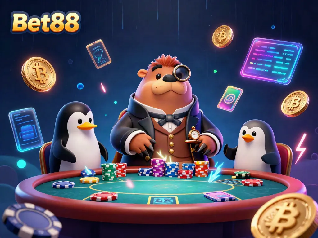 Experience thrilling poker at Bet88 with memorable characters and vibrant cryptocurrency visuals.