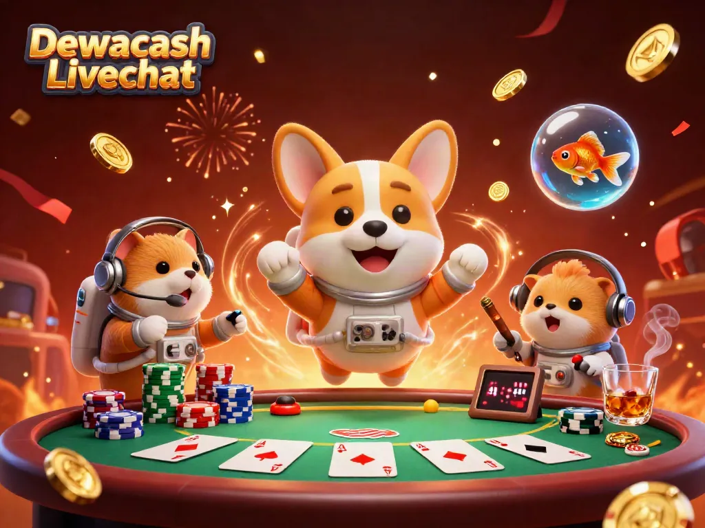 Dewacash Livechat interactive scene featuring a floating astronaut corgi, mission-control hamster, and goldfish amid vibrant casino elements.