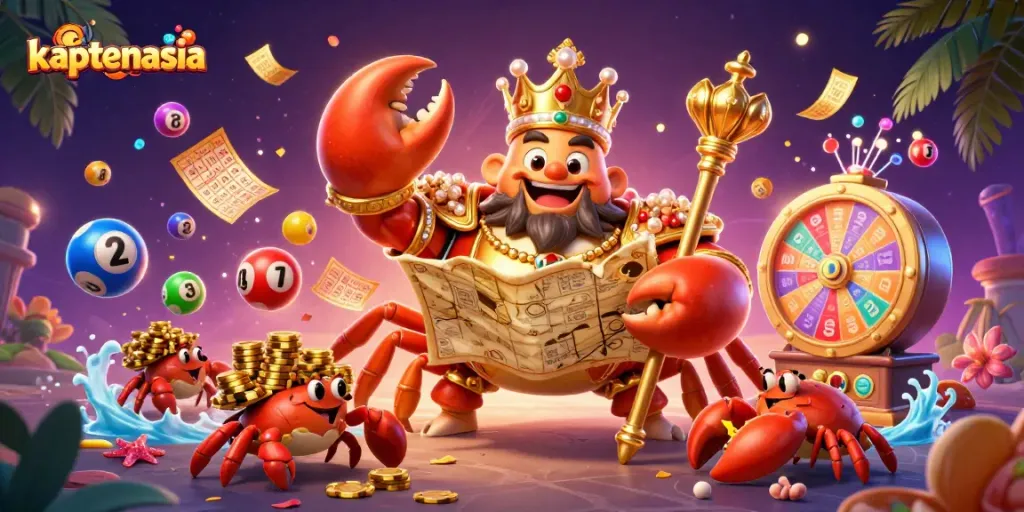 Engage with kaptenasia’s vibrant lottery scene featuring golden crab emperor amid colorful games.