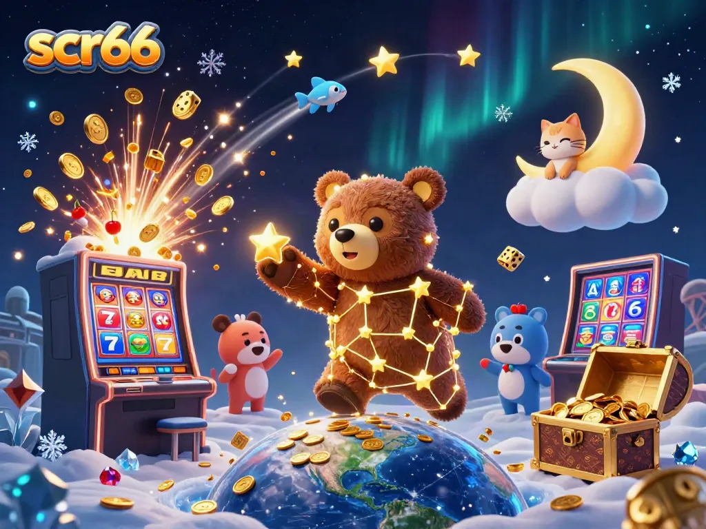 Experience the excitement of scr66 with golden coins spilling from a slot machine and whimsical celestial characters.
