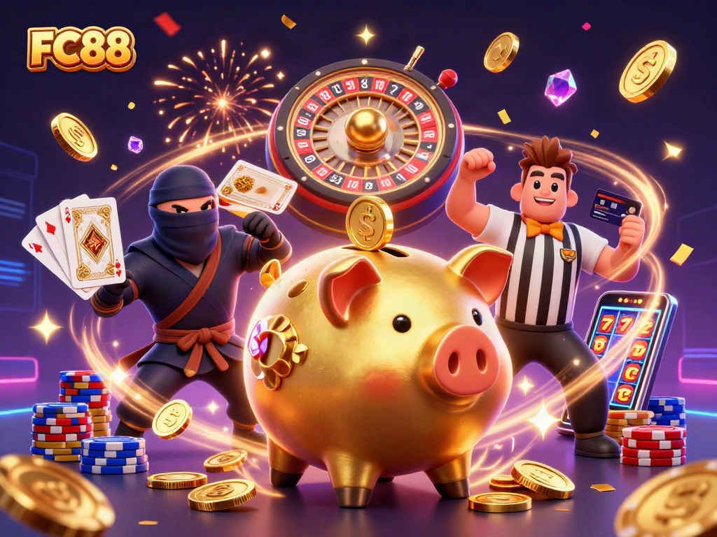 FC88 unleashes excitement in a dynamic casino illustration showcasing a vibrant scene with golden coins and characters.