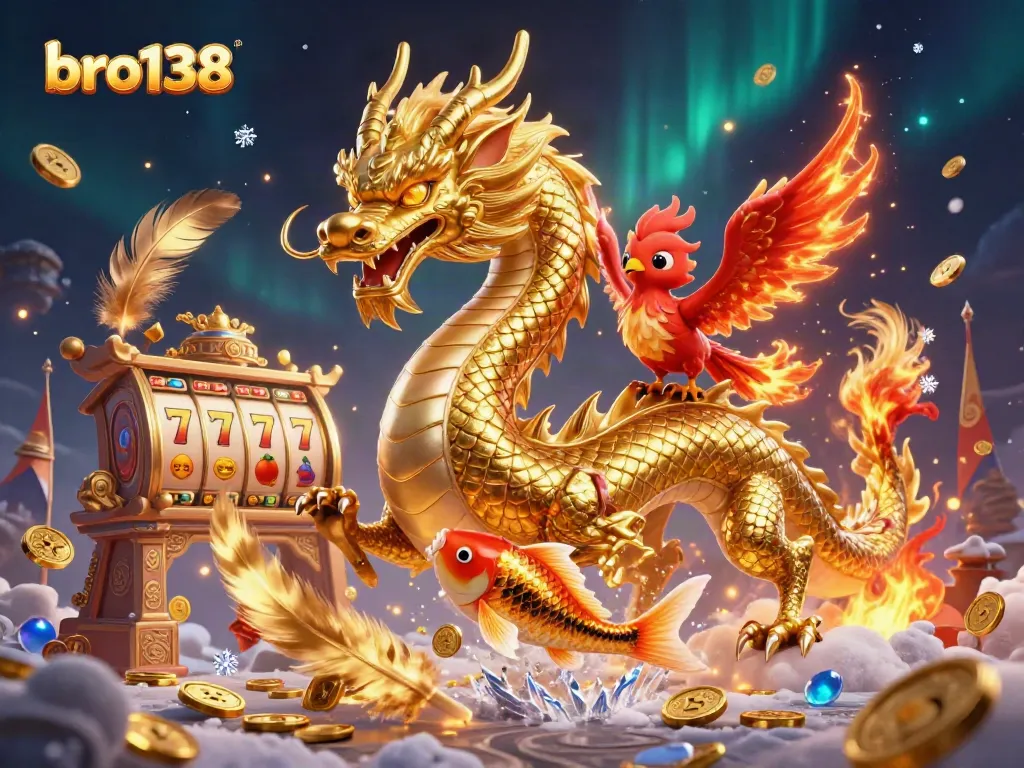 Experience the excitement of bro138 with dragon, phoenix, and koi fish amidst vibrant casino elements.
