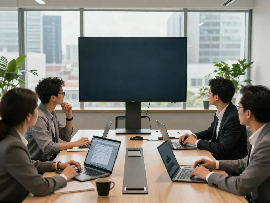 Deepfake-protected meetings in a modern corporate conference room with professionals discussing security strategies.