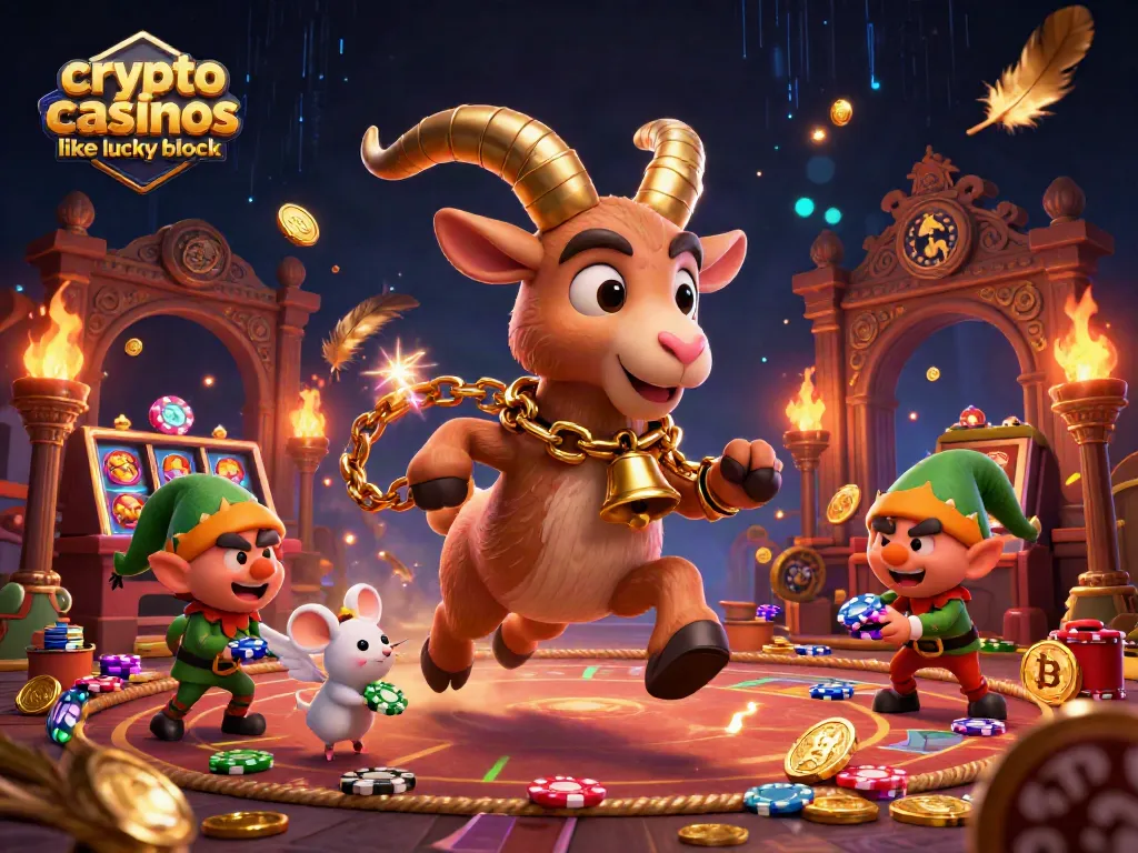 Spin and win at crypto casinos like Lucky Block with festive characters in a vibrant casino