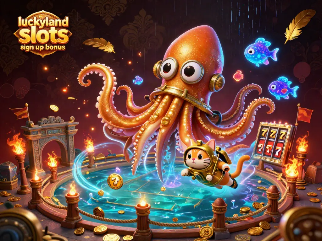 Claim the luckyland slots sign up bonus with an exciting illustration featuring a kraken and diving cat.