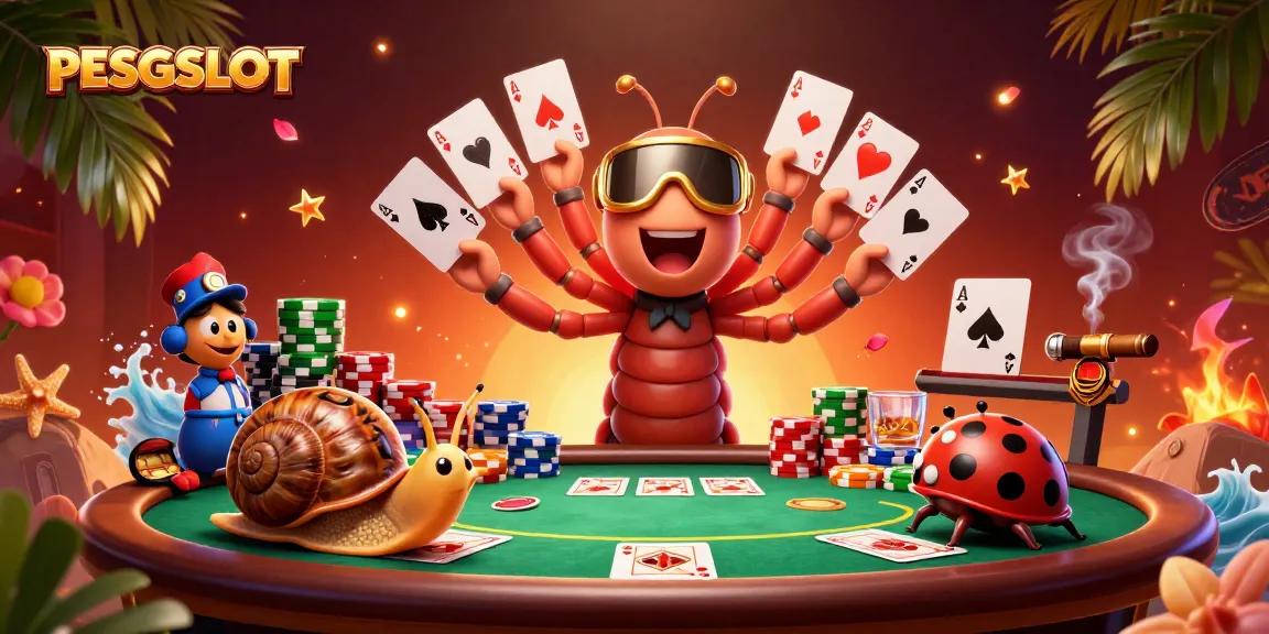 PESGSLOT features a vibrant scene of a cartoon dealer and players surrounded by poker elements