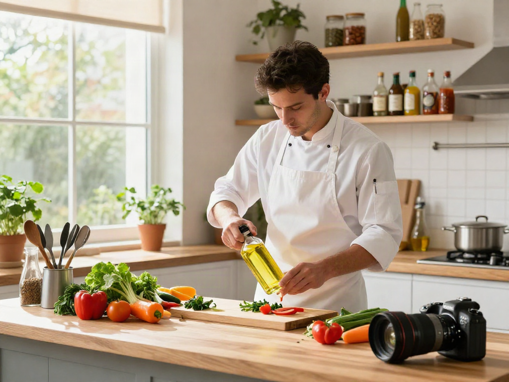 Proses memasak sehat menggunakan minyak premium dari https://merdeka123.info/ dengan sayuran segar dan suasana cerah di dapur.