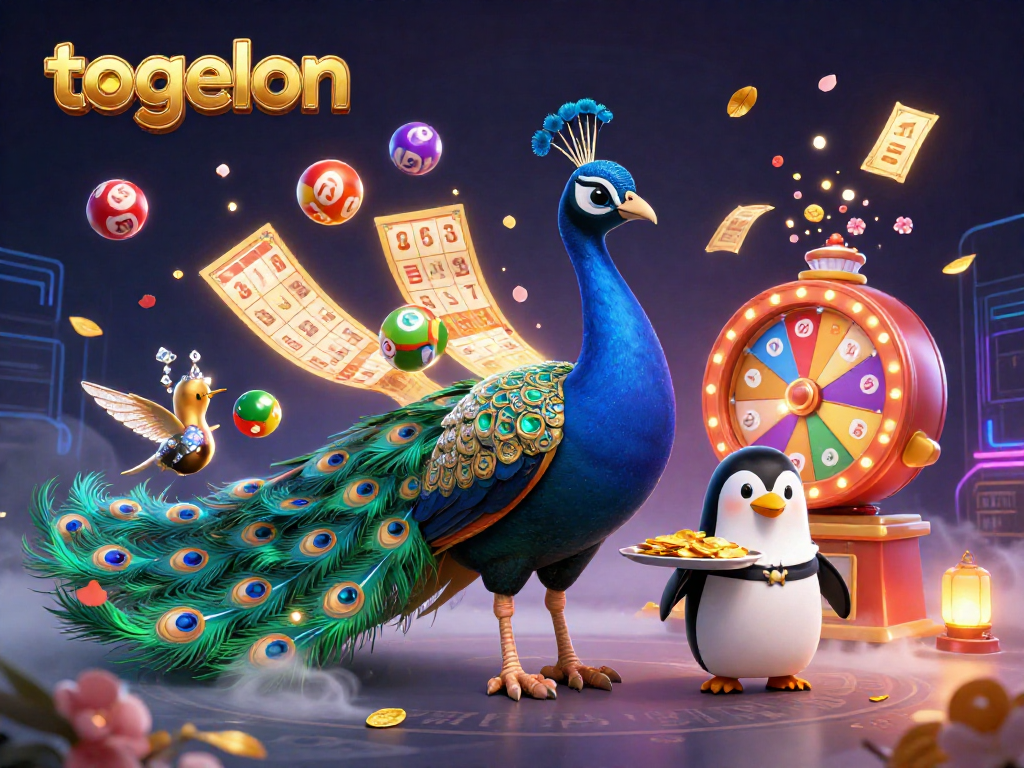 Engage with togelon, a vibrant lottery scene with colorful balls, a peacock, and golden prizes.