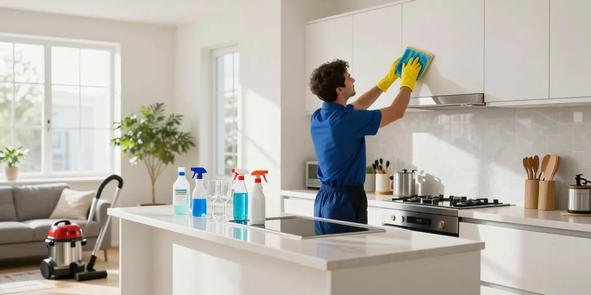 End of lease cleaning in Melbourne with a professional deep cleaning kitchen, showcasing organized supplies and sunlight.