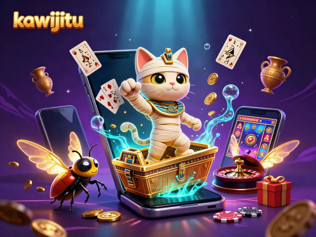 Engage in the thrill of kawijitu gambling with our vibrant 3D casino scene featuring a mummy cat and riches.