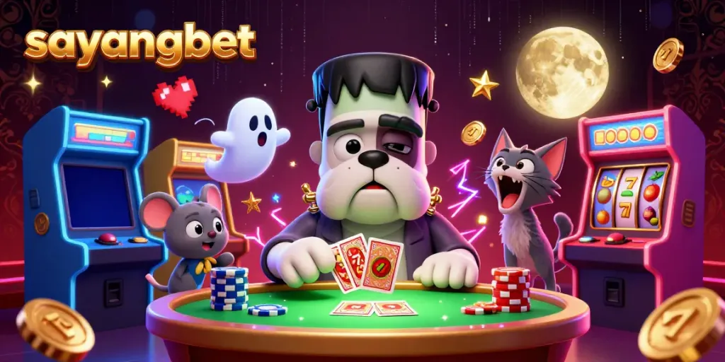 Experience thrilling gameplay with sayangbet's exciting cartoon casino scene filled with vibrant characters and games.