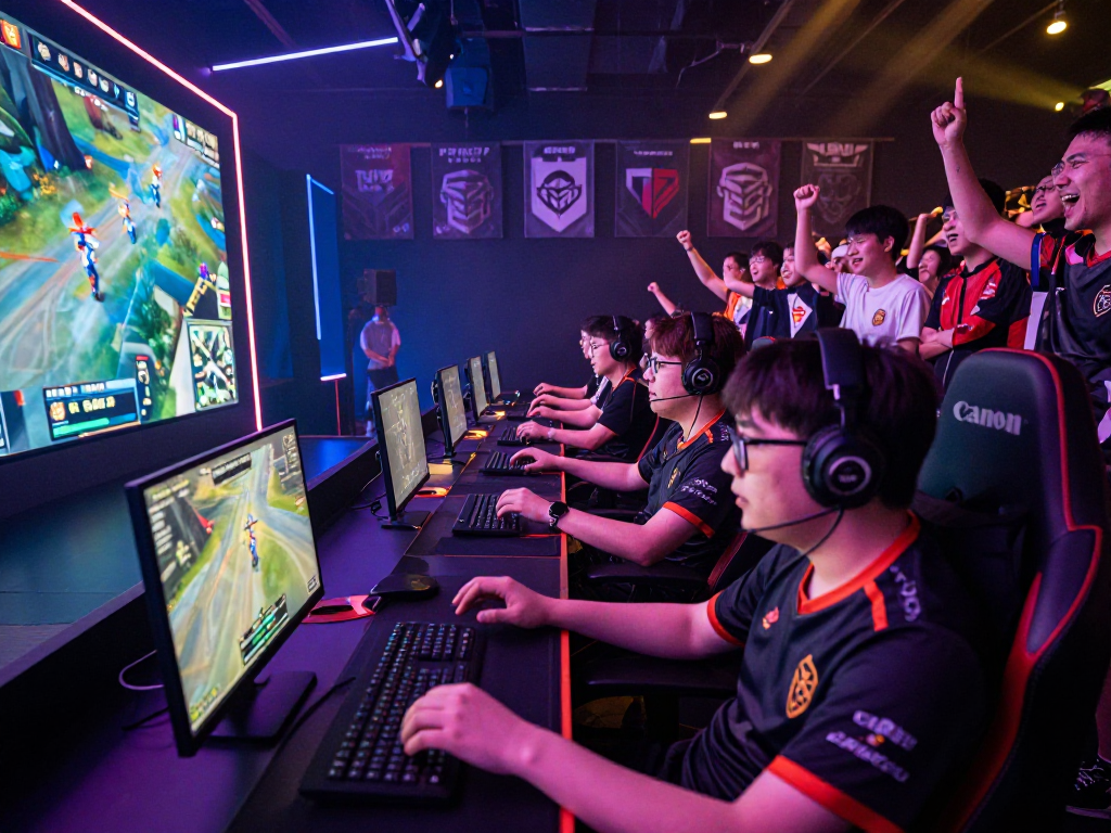 Suasana kompetisi bos88 di arena esports yang ramai dengan gamer dan penonton